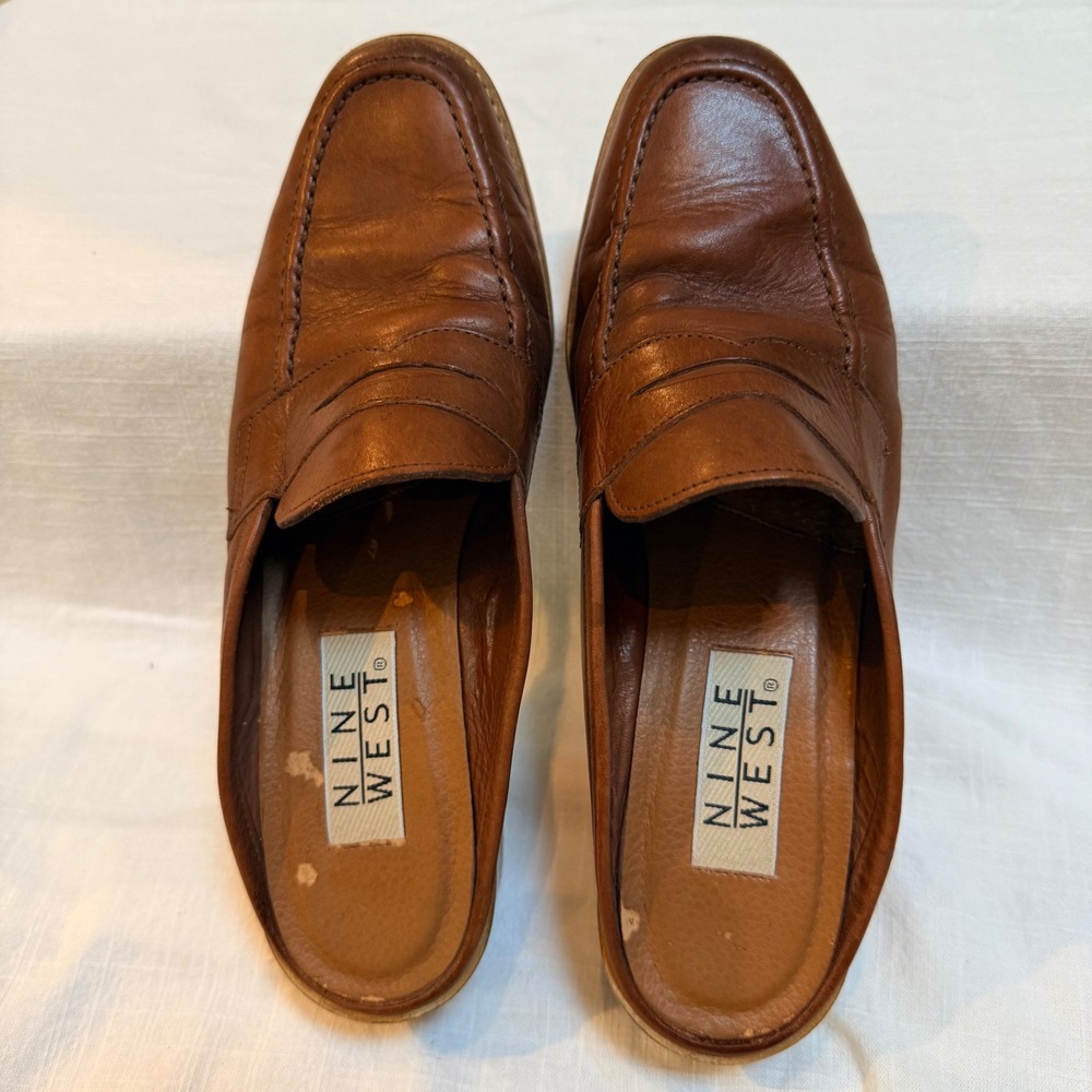 Nine West Loafer Mules 8M Cognac Brown Leather Block Heel Square Toe Slip On